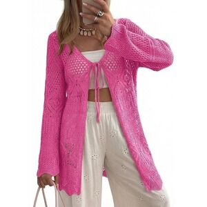 SHEWIN Women's Pink Crochet Tie Front Cardigan Hollow Out Summer Medium